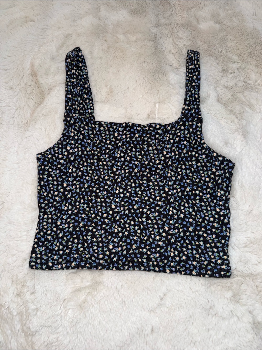 Floral Square-Neck Tank Top - Black with Blue & Cream Flowers